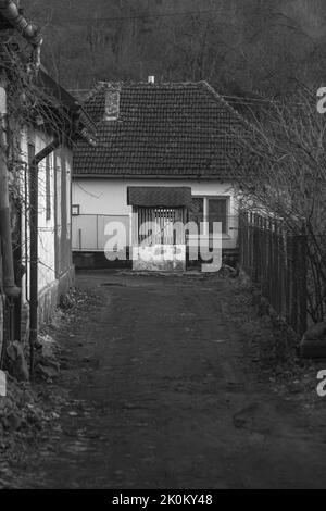 Une photo en niveaux de gris des maisons rurales traditionnelles dans un village roumain Banque D'Images