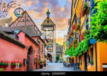 Riquewihr, France. Rue pittoresque avec maisons traditionnelles à colombages sur la route des vins d'Alsace. Banque D'Images