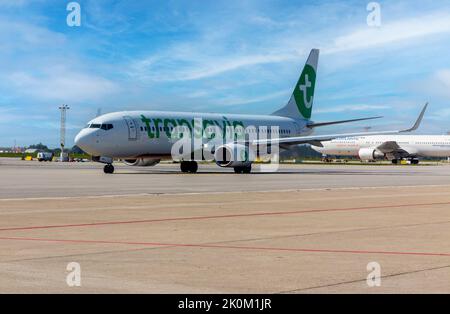 Boeing 737-800 de Transavia à l'aéroport de Porto au Portugal. Banque D'Images