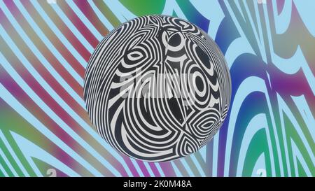 Sphère hypnotique sur texture déformée à motifs. Illustration d'art optique psychédélique noir blanc et coloré. 3D rendu. Banque D'Images