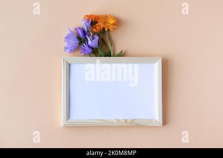 Fleurs bleues et fleurs orange calendula avec un bloc de texte blanc sur fond orange. Posé à plat d'été Banque D'Images