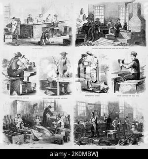 The Watervliet États-Unis Arsenal à Troy, New York - balles de moulage, bouchons de fusible en laiton de moulage, grenaille sphérique de cerclage, remplissage de projectiles sphériques de rosé, fusées de signaux de conduite, cartouches de remplissage pour les petits bras, grenaille de canister de remplissage, fabrication de chariots de canon. Août 1861. Illustration de la guerre de Sécession américaine du 19th siècle tirée du journal illustré de Frank Leslie Banque D'Images