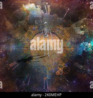 Squelette sur route de pierre dans un espace vif. 3D rendu Banque D'Images