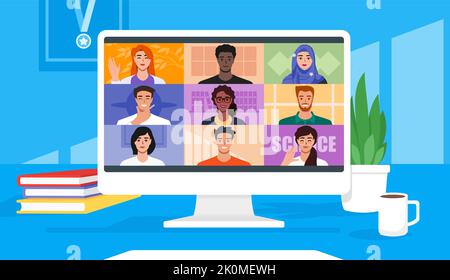 Conférence vidéo multiculturelle pour les réunions virtuelles en ligne, travail à domicile. Conférences Web sur la télévision par téléconférence ou travail d'équipe à distance. Illustration de Vecteur