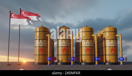 Réserve de gaz de Singapour, réservoir de stockage de gaz de Singapour, réservoir de gaz naturel de Singapour avec drapeau de Singapour, sanction sur le gaz, 3D travaux et 3D images Banque D'Images