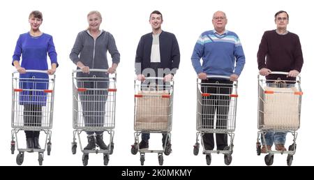 groupe de collage de personnes avec chariot isolé sur blanc Banque D'Images