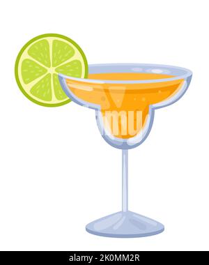 Tequila en verre, illustration de vecteur de cocktail de dessins animés. Boisson alcoolisée au citron vert dans un verre Illustration de Vecteur