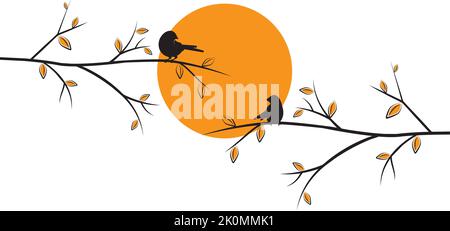 Oiseaux sur branche au coucher du soleil isolés sur fond blanc, vecteur. Silhouettes d'oiseaux sur branche au printemps, illus. Décalcomanies murales, œuvres d'art, conception d'œuvres d'art murales. N Illustration de Vecteur