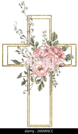 Aquarelle peinte à la main Croix florale avec cadre de la clipart dorée, illustration religieuse de Pâques, verdure et croix de pivoine rouge, clip art de Baptême, Saint SP Banque D'Images