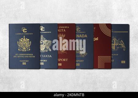 Vue de dessus, passeports internationaux, citoyenneté par investissement, nationalité, Malte, Kitts-et-Nevis, Portugal, grenade, Dominique, Sainte-Lucie sur un accord Banque D'Images