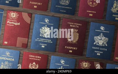 Vue de dessus, passeports internationaux, citoyenneté par investissement, nationalité, Malte, saint-Kitts-et-Nevis, Portugal, antigua-et-barbuda, grèce, Monten Banque D'Images