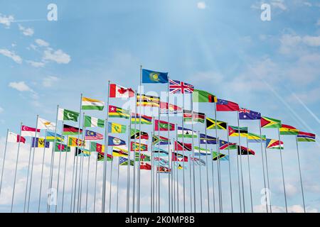 Le drapeau du Commonwealth des Nations avec les drapeaux des pays de l'organisation avec le drapeau de la Grande-Bretagne Banque D'Images