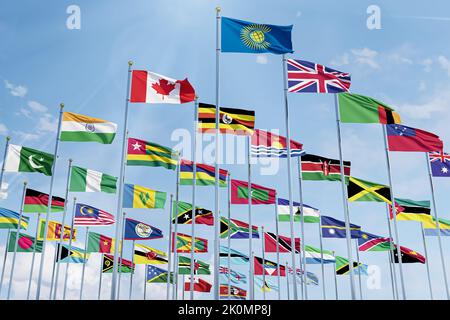 Le drapeau du Commonwealth des Nations avec les drapeaux des pays de l'organisation avec le drapeau de la Grande-Bretagne Banque D'Images