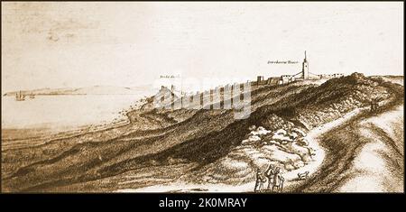 Une vieille gravure montrant Une vue sur le côté nord de Tanger, au Maroc, sur la route de la colonie anglaise de Whitby, et la garnison, vécut par des ouvriers britanniques construisant une taupe défensive. Au loin se trouvent le château de Yorke et la tour Peterborow (du nom de York et Peterborough au Royaume-Uni). La mole a coûté £340 000 et a atteint 1 436 pi (438 m) bien avant sa destruction. Le financement s'est avéré un problème et les soldats de la garnison ont dû attendre plus de deux ans pour être payés, ce qui a conduit à une mutinerie qui a été rapidement mis fin par le gouverneur Fairborne qui a personnellement tiré sur place l'un des mutinés morts. Banque D'Images