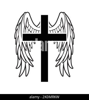 beau vol blanc paix colombe pigeon contour d'oiseau avec silhouette de branche d'olive sur la croix chrétienne crucifix vecteur isolé sur fond blanc Illustration de Vecteur
