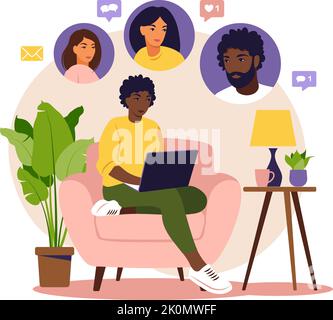 Concept de promotion sociale, recommander un ami, recommander et gagner. Marketing de référence. Femme africaine assise avec un ordinateur portable sur un fauteuil. Illustration vectorielle. Illustration de Vecteur
