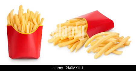 Frites ou pommes de terre frites dans une boîte en carton rouge isolé sur fond blanc avec une profondeur de champ totale Banque D'Images