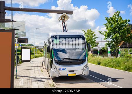 Un bus électrique est chargé à la gare routière par une belle journée d'été Banque D'Images