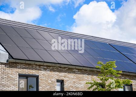 Gros plan sur le toit de maisons mitoyennes efficaces en énergie recouvertes de panneaux solaires pour la production d'électricité Banque D'Images