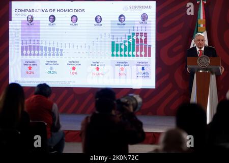 Mexico, Mexique. 12th septembre 2022. Le président du Mexique, Andres Manuel LÃ³pez Obrador, s'entretient au cours de la conférence de presse devant des journalistes au Palais national de Mexico. Sur 12 septembre 2022 à Mexico, Mexique. (Image de crédit : © Luis Barron Eyepix Group/eyepix via ZUMA Press Wire) Banque D'Images