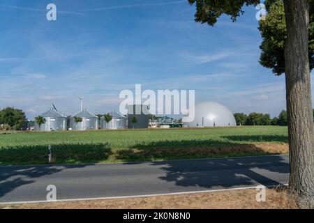 Usine de biogaz, silos de stockage, grande capacité de stockage d'eau chaude pour le stockage d'énergie intermédiaire, stockage de gaz en forme de dôme, Rietberg, NRW, Allemagne Banque D'Images