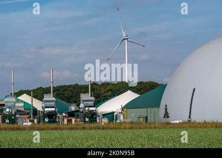 Centrale de biogaz, centrales thermiques et électriques combinées, pour la production d'énergie, stockage de gaz en forme de dôme, centrale éolienne, Rietberg, NRW, Allemagne Banque D'Images
