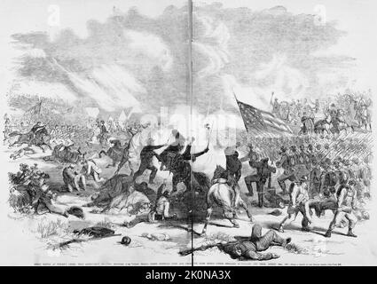 Grande bataille du ruisseau Wilson, près de Springfield, Missouri, entre 5 500 troupes de l'Union sous les généraux Nathaniel Lyon et Franz Sigel, et 23 000 rebelles sous les généraux Benjamin McCulloch et Nicholas Bartlett Pearce, 10 août 1861. Illustration de la guerre de Sécession américaine du 19th siècle tirée du journal illustré de Frank Leslie Banque D'Images