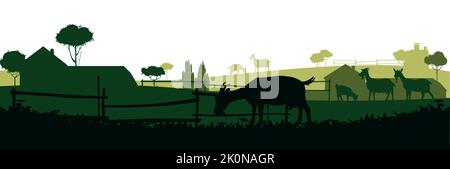 Chèvres paître sur pâturage. Silhouette de l'image. Animaux de la ferme. Paysage rural avec maison de ferme. Animaux pour le lait et les produits laitiers. Isolé sur blanc Illustration de Vecteur