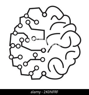 Cerveau humain à moitié organique renforcé par l'intelligence artificielle. Dessin d'icône de ligne simple pour la conception de concept technologique transhuman et ai Illustration de Vecteur