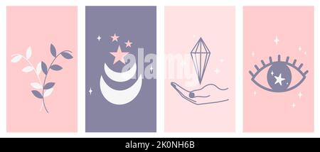 Ensemble vectoriel de modèles de conception de logo mystique abstraits dans un style linéaire simple avec des symboles de lune, d'étoiles et d'éléments oculaires pour instagram social media story Illustration de Vecteur