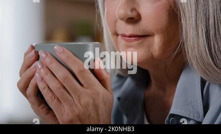 Gros plan personne âgée inconnue à cheveux gris femme caucasienne ancienne grand-mère mature femme d'âge moyen retraité femme détentrice à la maison tenant une tasse de thé Banque D'Images