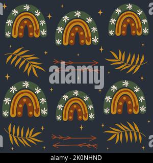 Jolie illustration de fond de motif vectoriel sans couture Boho Boho avec étoiles, feuilles et flèches Illustration de Vecteur