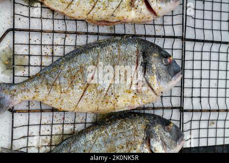 Processus de cuisson du poisson dorado sur un barbecue au charbon de bois dans l'arrière-cour Banque D'Images