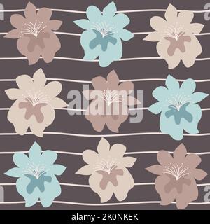illustration de motif vectoriel sans couture abstrait dessinée à la main mignonne avec des fleurs colorées sur fond brun rayé Illustration de Vecteur