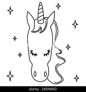 Illustration vectorielle de dessin animé noir et blanc mignon licorne pour livre de coloriage Illustration de Vecteur