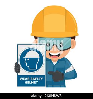 Travailleur industriel avec signe d'avertissement d'utilisation obligatoire du casque de sécurité. Sécurité industrielle et santé au travail Illustration de Vecteur