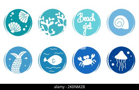 ensemble vectoriel mignon de modèles de conception de logo, icônes et badges pour les médias sociaux mettre en évidence avec des éléments de vie marine Illustration de Vecteur
