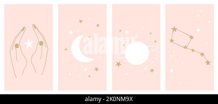 Ensemble vectoriel de modèles de conception de logo mystique abstrait dans un style linéaire simple avec des symboles de lune, d'étoiles et d'éléments de constellation pour instagram social me Illustration de Vecteur