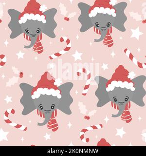 mignon hiver vacances main dessiné sans couture motif vectoriel illustration d'arrière-plan avec personnage de dessin animé bébé éléphant avec chapeau et foulard du père noël Illustration de Vecteur