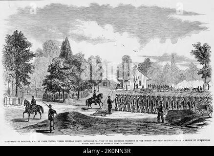 Occupation de Paducah, Kentucky, par les troupes de l'Union, sous le général Ulysses S. Grant, 6 septembre 1861 - vue du terminus nord du Mobile and Ohio Railway. Illustration de la guerre de Sécession américaine du 19th siècle tirée du journal illustré de Frank Leslie Banque D'Images