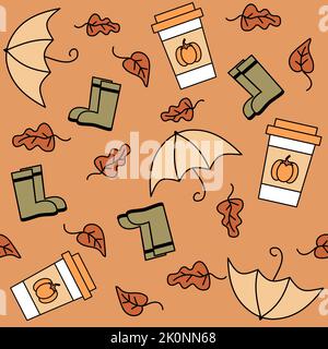 Jolie illustration de fond de motif vectoriel sans couture saisonnier d'automne d'automne avec parapluies, feuilles, bottes de pluie et latte d'épices de citrouille Illustration de Vecteur