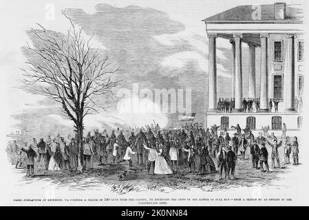 Jubilations rebelles à Richmond, Virginie - tirer un salut de 100 canons du Capitole, à la réception des nouvelles de la première bataille de Bull Run, juillet 1861. Illustration de la guerre de Sécession américaine du 19th siècle tirée du journal illustré de Frank Leslie Banque D'Images