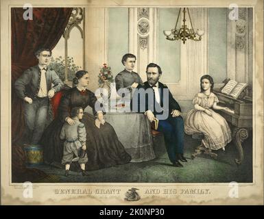 Une gravure de 1865 du Président Lysses Grant et de sa famille. Dans l'imahe du président Grant et de sa femme Julia, et leurs quatre enfants Frederick Grant (à gauche), Ulysses Jr (au centre), leur fille Ellen (connue sous le nom de Nellie) au piano et Jesse (à côté de la mère de mis). Banque D'Images