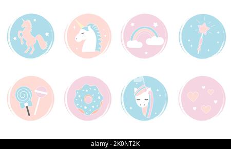 Ensemble vectoriel de modèles de logo, icônes et badges pour les médias sociaux avec de mignons monocornes, bonbons, arc-en-ciel, beignets et autres symboles Illustration de Vecteur