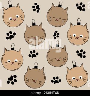 Jolie illustration de fond de motif vectoriel sans couture avec motifs représentant un personnage de dessin animé, boules de chat et pattes Illustration de Vecteur