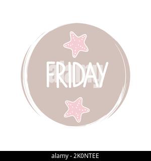 Logo mignon ou vecteur d'icône avec texte dessiné à la main, texte du vendredi, illustration sur cercle avec texture de pinceau, pour l'histoire et la mise en évidence des médias sociaux Illustration de Vecteur