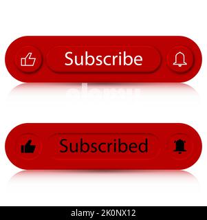 Bouton rouge d'abonnement avec blog, chaîne vidéo et icônes de réseaux sociaux, illustration vectorielle. Illustration de Vecteur