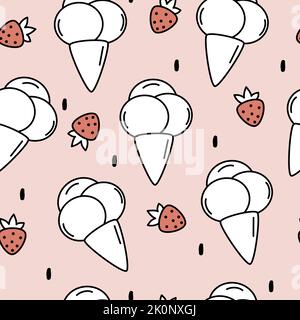 Mignon joli dessin animé délicieux noir et blanc glace crèmes avec des fraises rouges sans couture motif vectoriel illustration sur fond rose Illustration de Vecteur