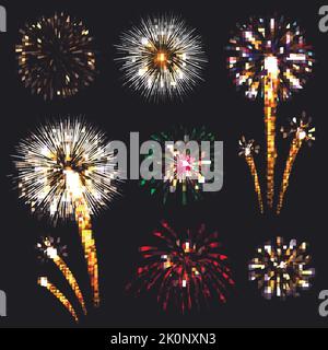 Ensemble de feux d'artifice réalistes sur fond sombre. Illustration vectorielle. Illustration de Vecteur