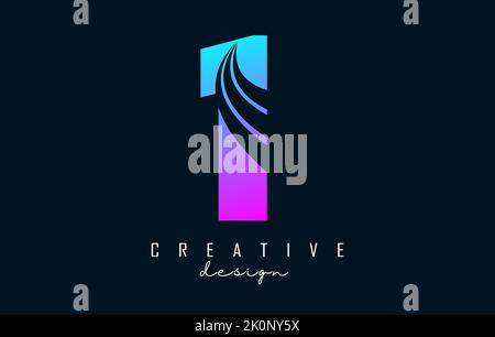 Logo Creative numéro 1 coloré avec lignes de pointe et design Road concept. Lettre à motif géométrique. Illustration vectorielle avec nombre et création Illustration de Vecteur